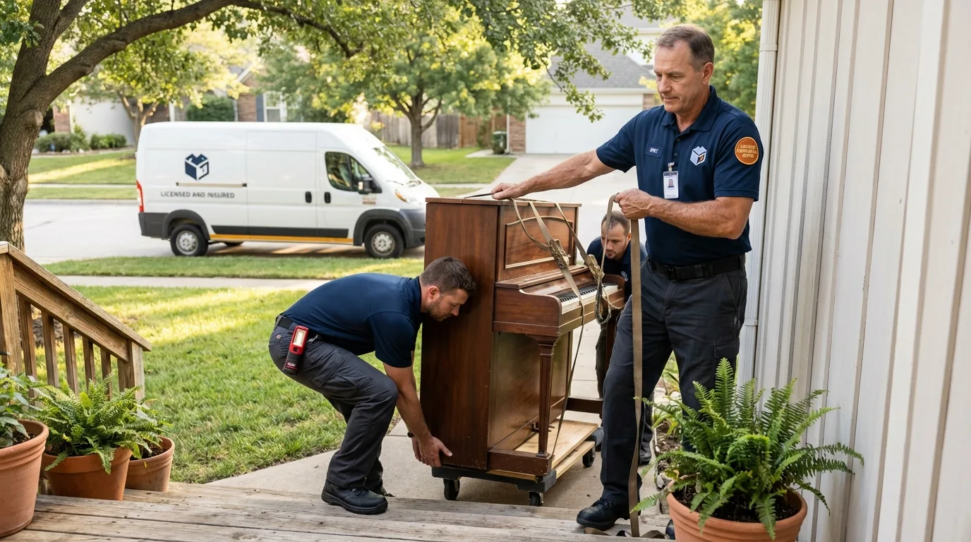 Licensed piano movers securing grand piano in Rossford, OH
