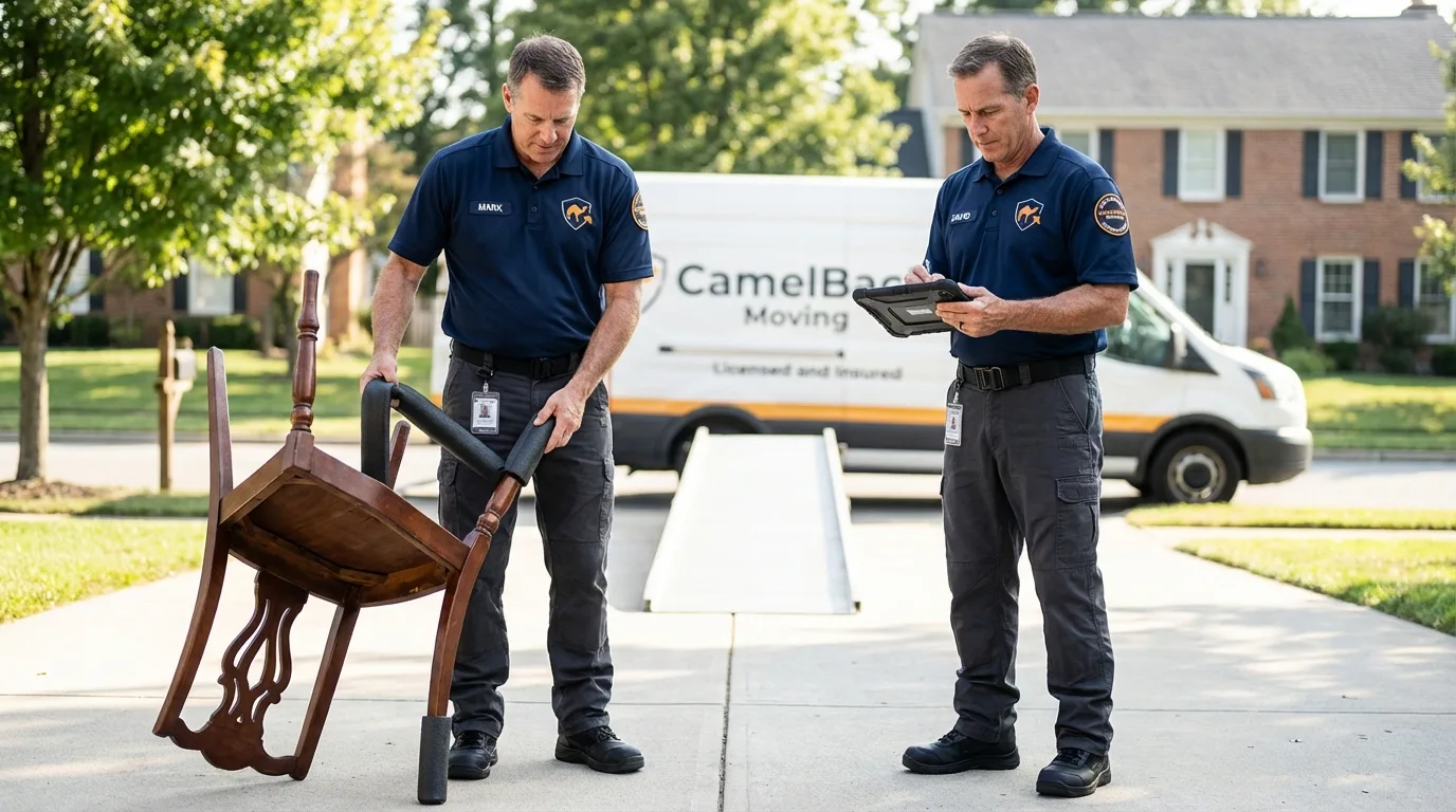 Movers inspecting furniture for damage prevention before loading in Rossford, OH