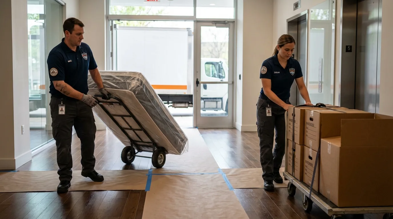 Professional apartment movers loading elevator in Rossford, OH